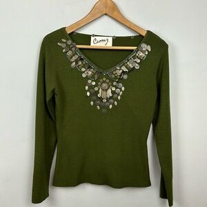 Green Ribbed Vintage Carraz Beverly Hills Embellished Sweater